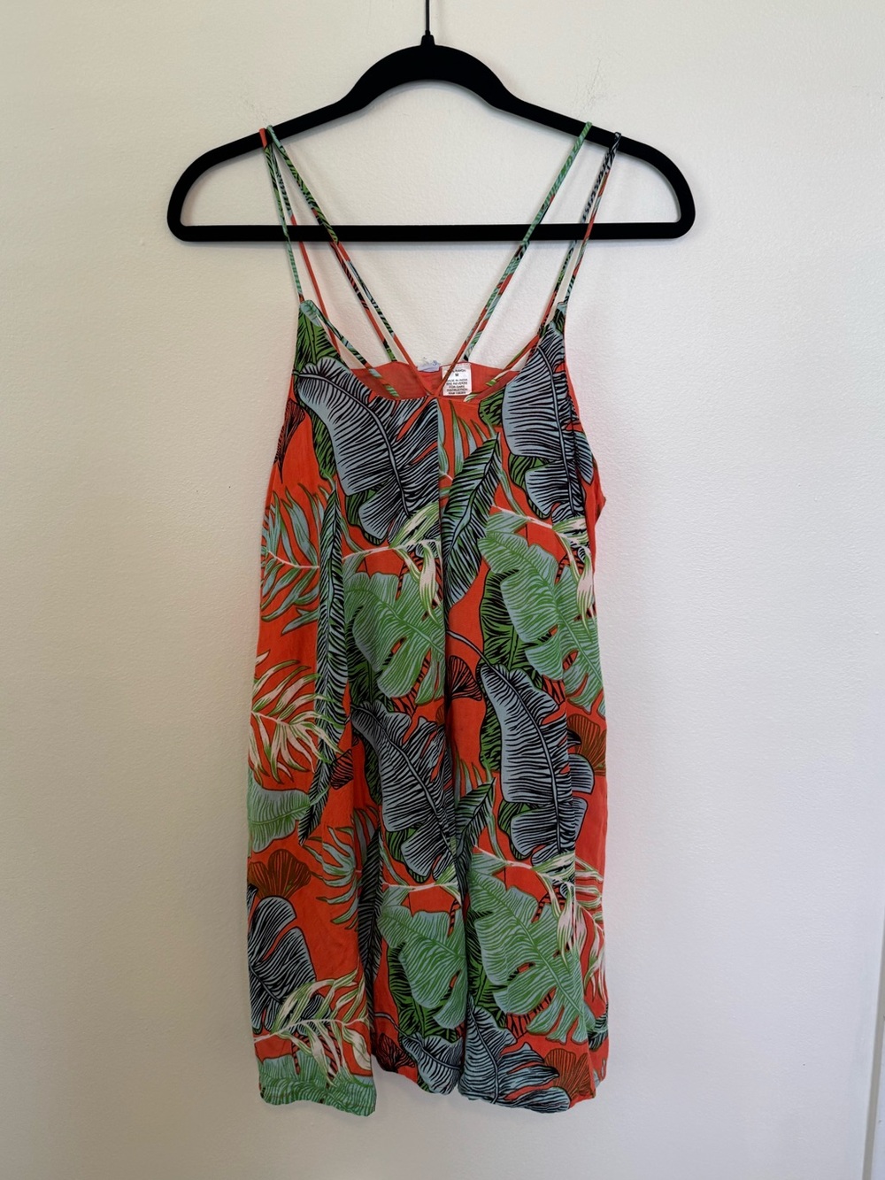 Tropical Leaf Print Spaghetti Strap Dress - Orange & Green - medium